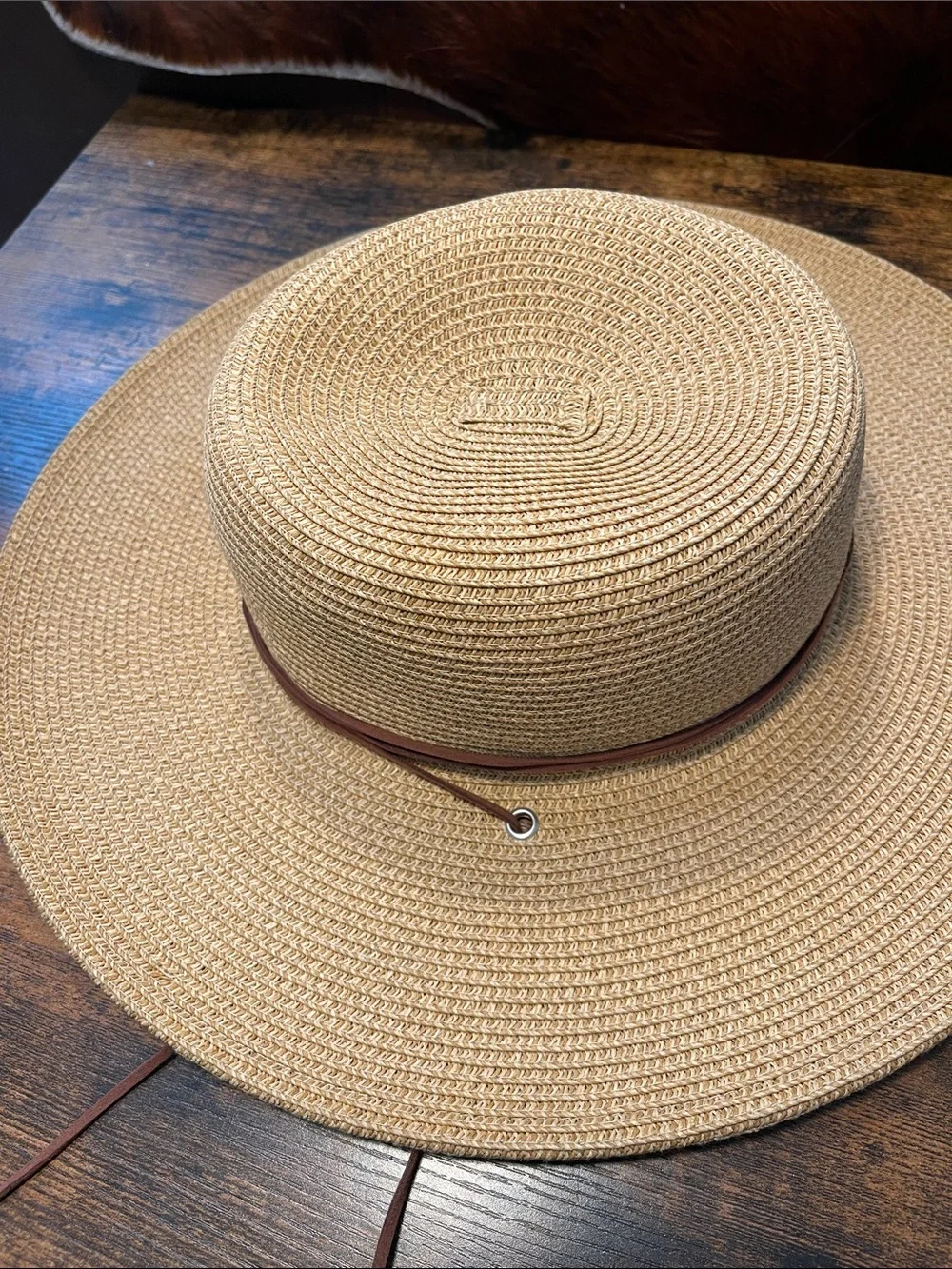 Scala Wide-Brim Straw Sun Hat with Brown Chin Cord